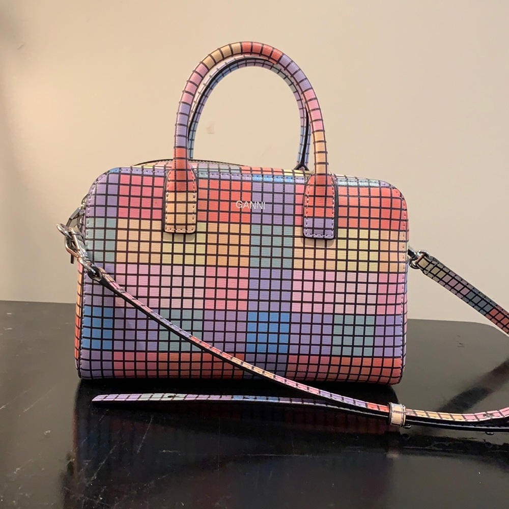 Ganni multicolored cube print leather top handle bag